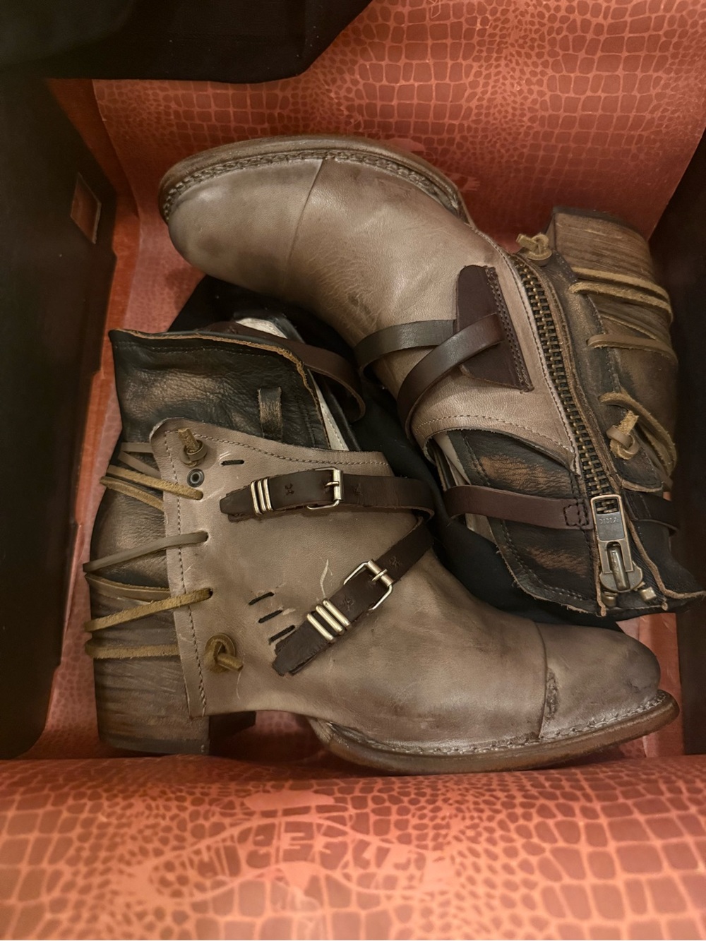 freebird Taupe and Dark Brown Leather Ankle Booties Brand New
